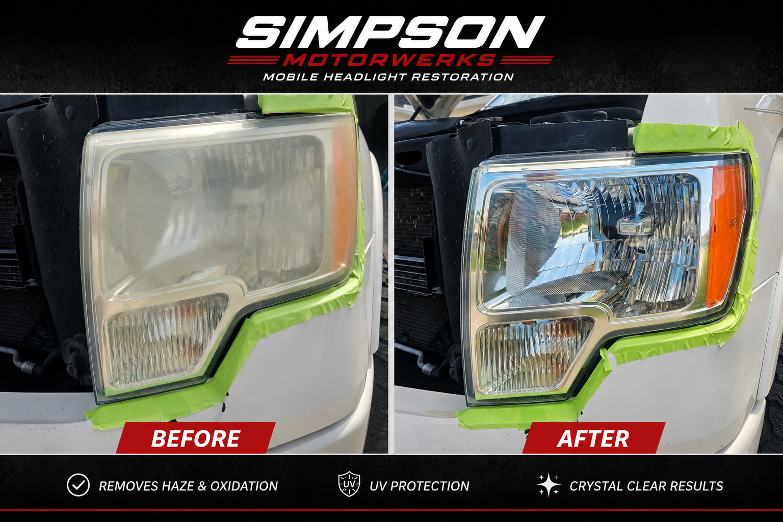 Before and after comparison of a cloudy Ford truck headlight restored to clear condition