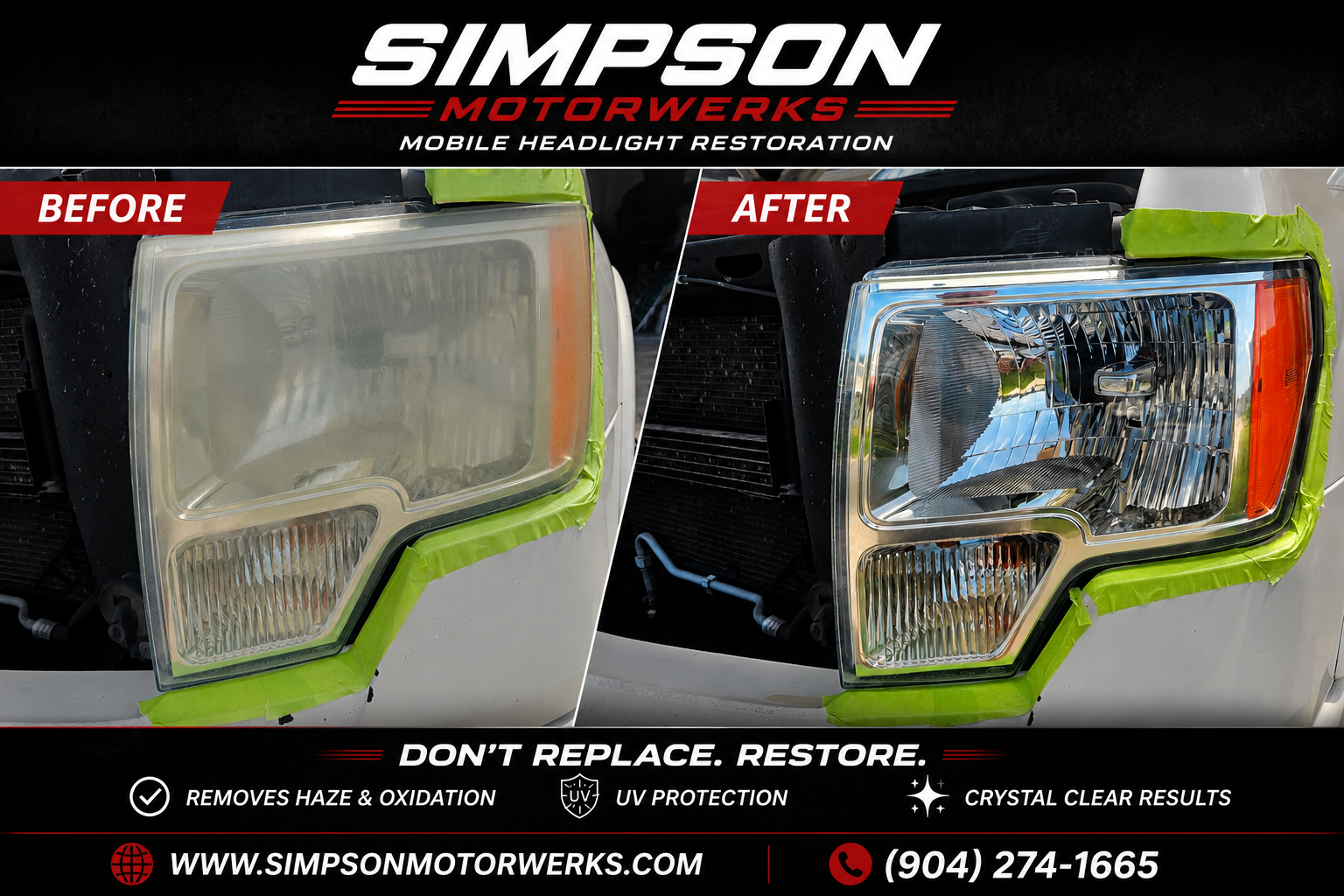 Simpson Motorwerks before and after marketing graphic with website and phone number