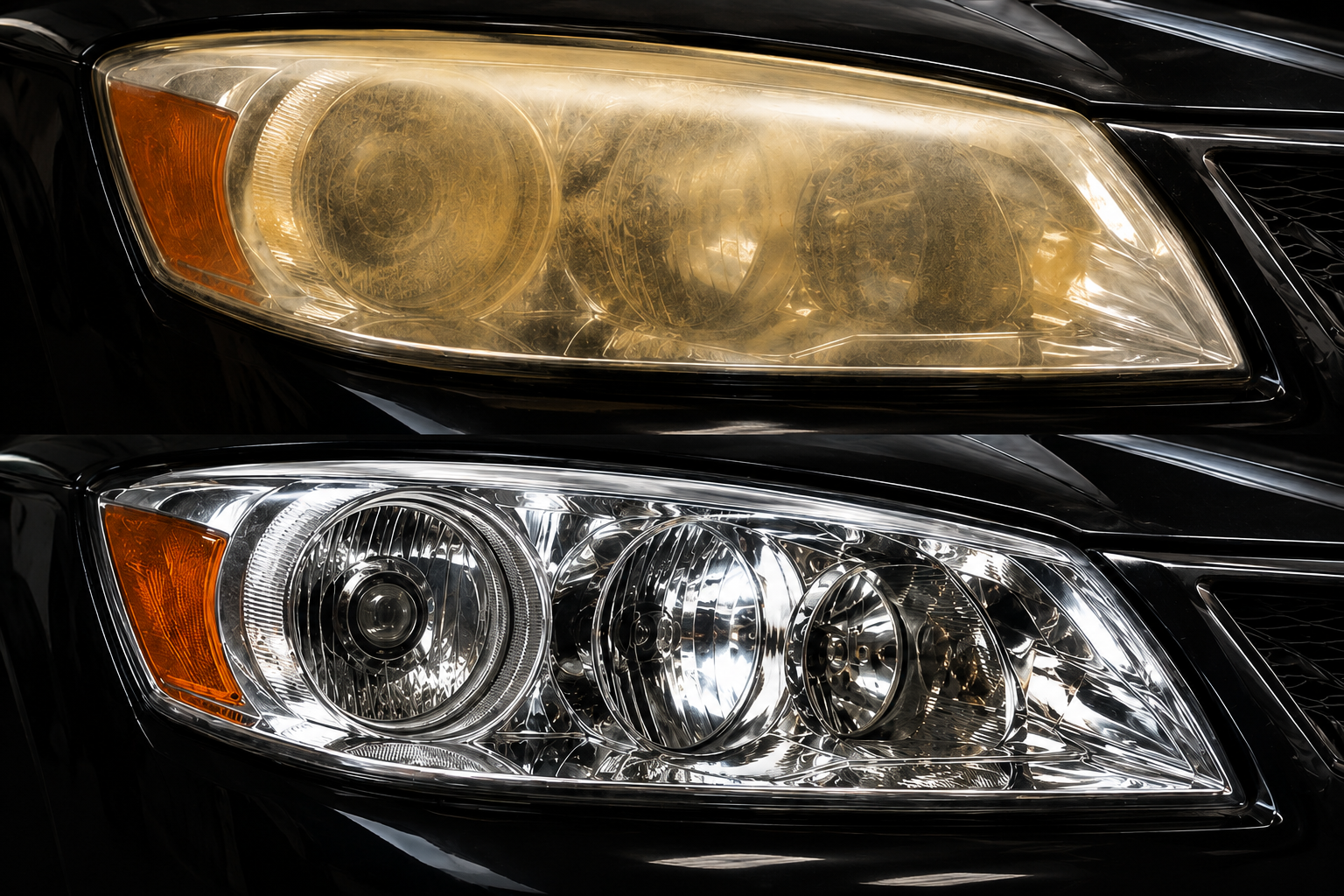 Before and after comparison showing an oxidized headlight restored to a clear finish